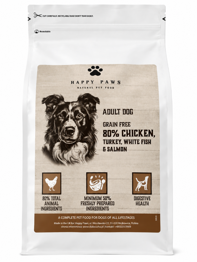 Happy Paws Wilderness 80% kurczak, indyk, biała ryba i łosoś 